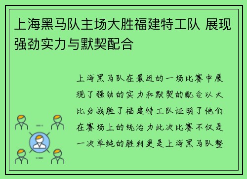 上海黑马队主场大胜福建特工队 展现强劲实力与默契配合
