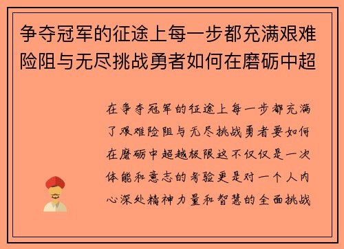 争夺冠军的征途上每一步都充满艰难险阻与无尽挑战勇者如何在磨砺中超越极限