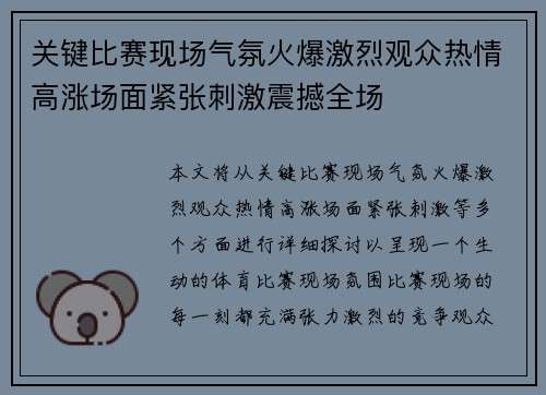 关键比赛现场气氛火爆激烈观众热情高涨场面紧张刺激震撼全场