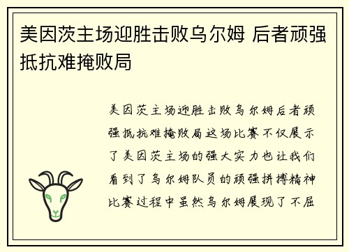 美因茨主场迎胜击败乌尔姆 后者顽强抵抗难掩败局