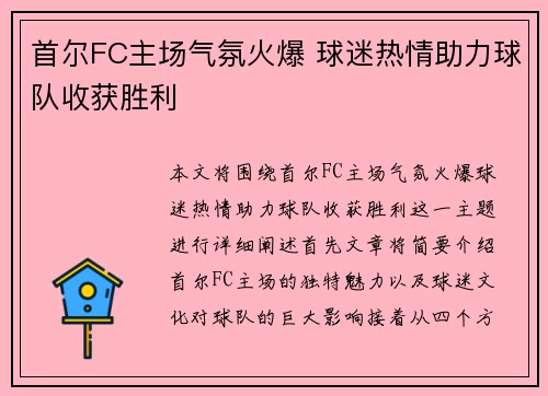 首尔FC主场气氛火爆 球迷热情助力球队收获胜利